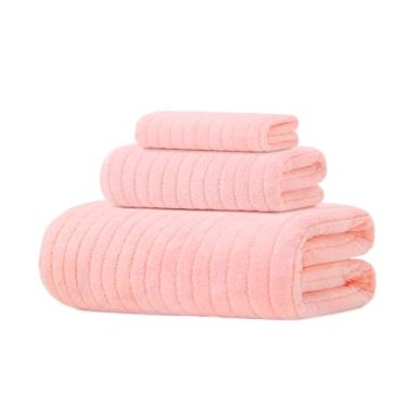 Imagem de Conjunto de toalhas de lã coral listrado vertical de 3 peças, toalha de banho toalha de mão, toalhas absorventes de secagem rápida para casa rosa