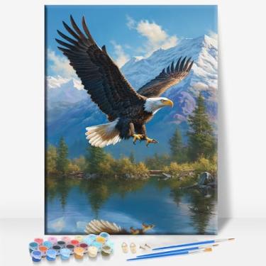 Imagem de HUINORYA Bald Eagle Alaska Tela emoldurada DIY Kit de pintura por números bar café caverna sala de casa parede banheiro varanda pátio decoração presente, 40,6 x 30,5 cm