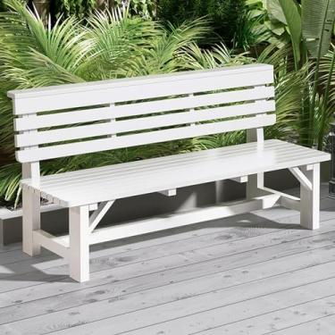 Imagem de Banco de madeira de pinheiro, cadeira com encosto e apoios de braço, capacidade de carga de até 160 kg, 8 sem lacunas entre tiras de madeira grossas, banco de jardim externo para pátio (cor: branco