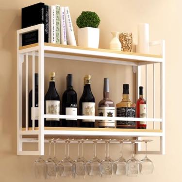 Imagem de Prateleira de vinho elegante montada na parede - Prateleira flutuante de bar de 2 camadas com suporte de vidro, exibição de garrafa de licor de metal, armazenamento multifuncional de bar doméstico