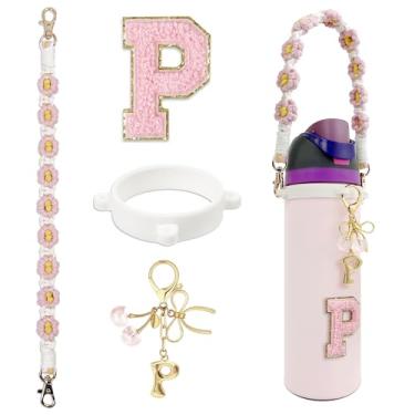 Imagem de BydGxy Pingente de laço de fita de cereja para Owala FreeSip & Tumbler, acessórios de alça de garrafa de água iniciais personalizados, presente estilo preppy (rosa) - P