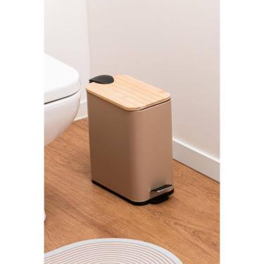 Imagem de Lixeira Retangular com Pedal e Tampa de Bambu 5L Bege Metal
