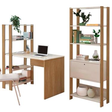Imagem de Mesa Escrivaninha E Estante Livreiro 1 porta Carvalho Off White Arly