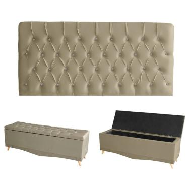 Imagem de Kit Estrela Cabeceira De Cama Painel E Calçadeira Baú Botão Cristal Queen 160 Cm Suede Bege Do Lar Móveis E Decoração