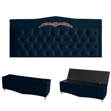 Imagem de Kit Barcelona Cabeceira De Cama Painel E Calçadeira Baú Queen 160 Cm Suede Azul Marinho Do Lar Móveis E Decoração
