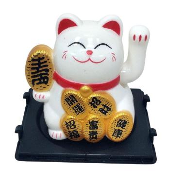Imagem de Maneki Neko Gato da Sorte Branco 5 cm Alt. Moedas Luz Solar com Pata Acenando Amuleto Japonês Jiaxi
