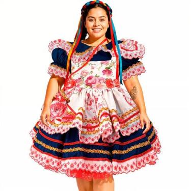 Imagem de Vestido Plus Size São Joao Feminino Adulto Super Luxo Festa Junina Azu