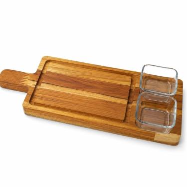 Imagem de Tábua Petisqueira para Carnes Queijos e Frios em Teca com 2 Molheiras para Aperitivos e Petiscos Cozinha e Churrasco
