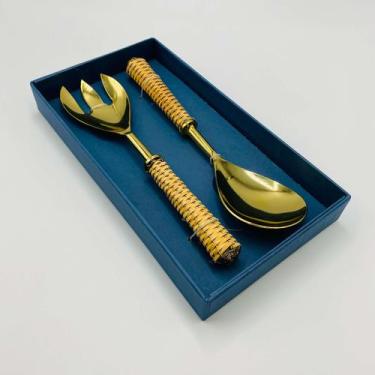 Imagem de Conjunto para Salada 2 Peças em Aço Inox com Cabo de Rattan Dourado Wo