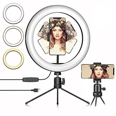 Imagem de Anel de luz com tripé de telefone e suporte flexível de telefone para vídeo do YouTube, luz de anel de LED para câmera de mesa para transmissão ao vivo, maquiagem, fotografia de selfie 3 modos de luz e 10 níveis de brilho (10 polegadas)