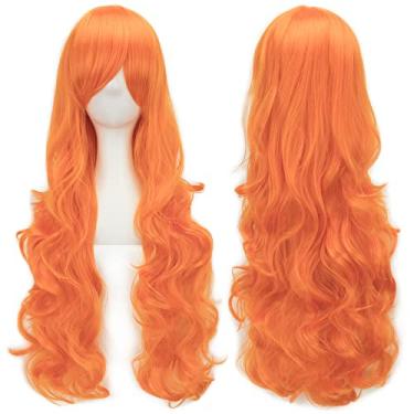 Imagem de IMISSU Peruca cosplay de cabelo natural cacheado longo com franjas coloridas fantasia de Halloween perucas de festa (Laranja fluorescente)