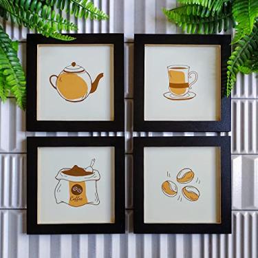 Imagem de 4 Quadros Decorativos Café Desenhos Cozinha Copa MDF 15x15 Cor:Preto