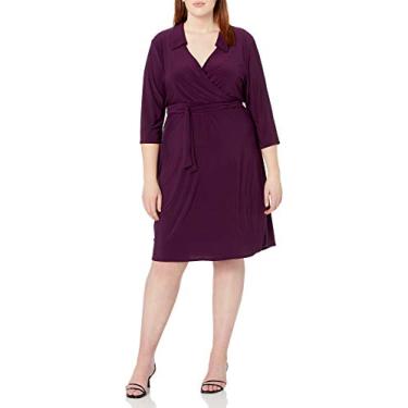 Imagem de Star Vixen Women's Plus-Size 3/4 Sleeve Fauxwrap Dress, Purple Solid, 1X