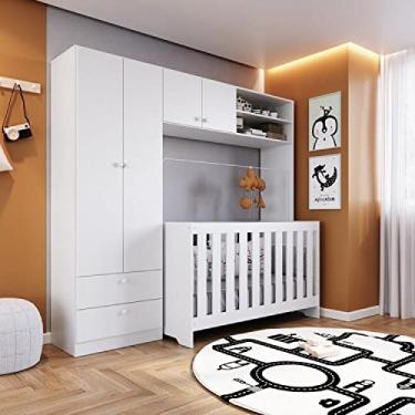 Imagem de Conjunto para Quarto de Bebê com Guarda Roupas e Berço 3 em 1 com Colchão Completa Móveis Branco