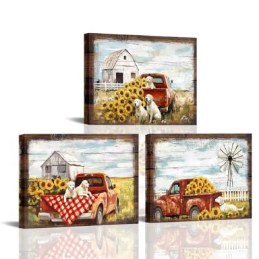 Imagem de xiysien Arte de parede em tela de fazenda caminhão campestre velho celeiro moinho de vento girassol imagens de animais decoração de parede para sala de estar quarto 30,5 x 40,6 cm x 3 peças