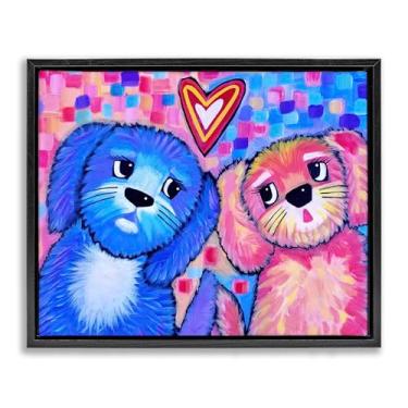 Imagem de Stupell Industries Design de parede em tela flutuante com moldura preta vívida rosa e azul Puppy Love da Nettie Price, 53 x 43 cm
