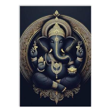 Imagem de Placa Decorativa Ganesha Estatua Ilustração Preto Ouro Decoração Poster Quarto Sala
