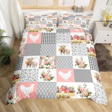 Imagem de Farmhouse Barn Conjunto de capa de edredom tamanho casal, galinha highland vaca flores grade capa de edredom com 2 fronhas, colcha respirável rústica rosa patchwork geometria respirável para meninos e