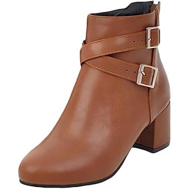 Imagem de Botas femininas de cano curto fivela Deco cadarços na parte de trás zíper cano médio botas de salto fechado salto bloco botas botas de couro sintético moda sapatos, Marrom, 8.5