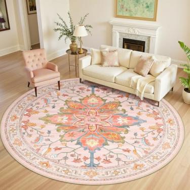 Imagem de RELEANY Tapetes de área de 2,4 m, lavável, antiderrapante, estampa floral, vintage, tapete medalhão para sala de estar, quarto, sala de jantar, rosa claro, colorido