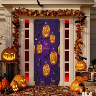 Imagem de Wassud Capa de porta assustadora de abóboras brilhantes de Halloween decoração externa faixa interna decoração de casa de varanda grande decoração de porta da frente 96 x 98 polegadas