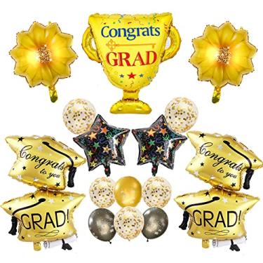 Imagem de Balões de formatura 2022, 15 peças balões de parabéns de graduação, 7 designs kit de balões de confete preto e dourado para decoração de suprimentos de formatura de festa