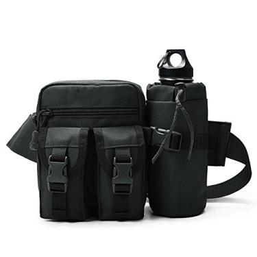 Imagem de Bolsa de cintura tática com suporte de garrafa, pochete masculina, pochete grande, impermeável, militar, com alça ajustável para caminhadas ao ar livre, escalada, pesca, tiro, Preto, Large, tático