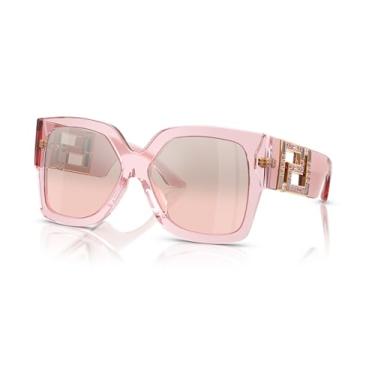 Imagem de Versace Óculos de sol feminino, armação rosa transparente, lentes prateadas espelhadas rosa claro, 59 mm