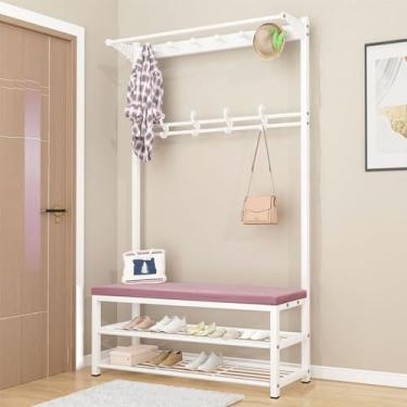 Imagem de Cabideiro, banco de sapato, organizador de armazenamento 3 em 1, árvore de entrada 3 em 1, organizador de suporte industrial com banco de sapatos com prateleira destacável árvore de revestimento fácil