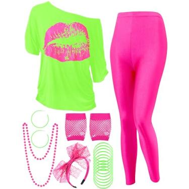 Imagem de Blulu Conjunto de fantasia feminina dos anos 80, camiseta com estampa de lábios, calça legging geométrica, brinco, colar, luvas, pulseira, Verde fluorescente, G