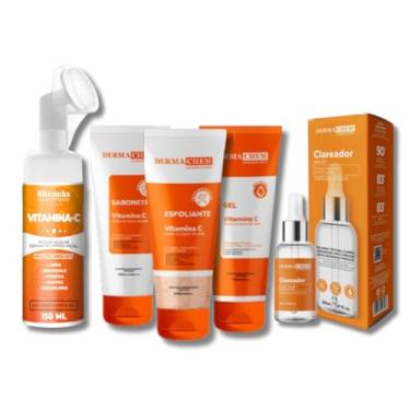 Imagem de Kit Skincare Vitamina C Sabonete+Esfoliante+Gel Hidratante+Serum Clareador+Mousse Micelar Limpeza Facial anti manchas 150ml
