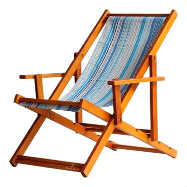 Imagem de Espreguiçadeira em Madeira Maciça para Piscina, Praia – Com Braço, Dobrável, Acabamento Envernizado (Listras Azuis)