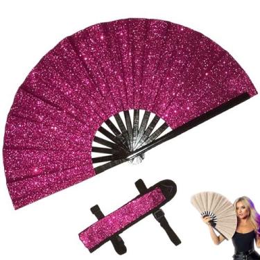 Imagem de Grande Ventilador de rave dobrável para as mãos, ventilador decorativo dobrável portátil para homens mulheres, para apresentação, festivais, presente, dança, decorações (Rosa)