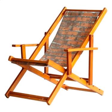 Imagem de Espreguiçadeira em Madeira Maciça para Piscina, Praia – Com Braço, Dobrável, Acabamento Envernizado (Tijolos)