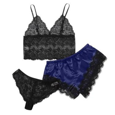 Imagem de Conjunto de pijamas femininos HUOGUO com decote em V, cílios, renda, m