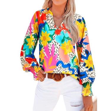 Imagem de Blusa feminina MASCOMODA com decote em V, floral, manga comprida, chif