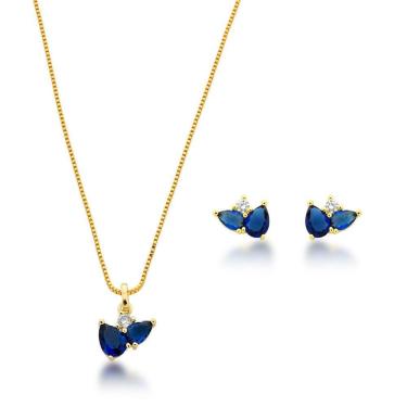 Imagem de Conjunto Colar E Brincos Em Zirconias Coloridas Banhado A Ouro 18k