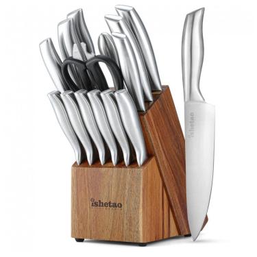 Imagem de Conjunto de Facas em Aço Inoxidável com Bloco de Bancada e Cabo Ergonômico, 15 Peças, IsheTao, Prata