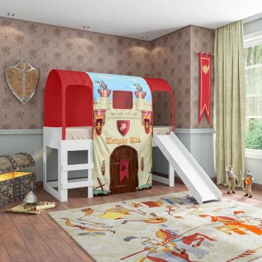 Imagem de Cama Infantil Alta Joy com Escorregador e Dossel Castelo Forte - Vermelho/Branco