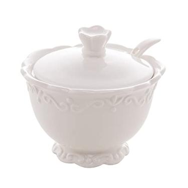 Imagem de Açucareiro de Porcelana com Tampa e Colher Alto Relevo Wolff 10,5x9,5cm Branco