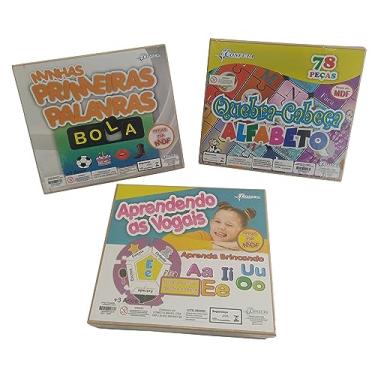 Imagem de Kit 3 Jogos Didáticos Pedagógicos MDF Infantil Resistente, Primeiras Palavras, Aprendendo Vogais, Quebra Cabeça Alfabeto
