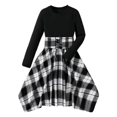 Imagem de COZYEASE Vestido de renda xadrez para meninas na altura do joelho vestido evasê manga longa cintura alta, Preto, 12 Anos