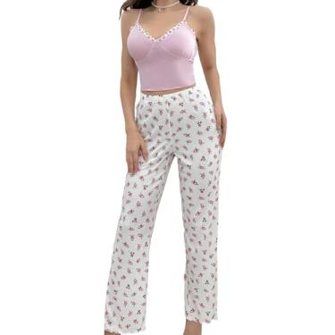 Imagem de Floerns Pijama feminino com estampa tropical Cami com calça conjunto de pijama de duas peças rosa floral médio, Rosa floral, M