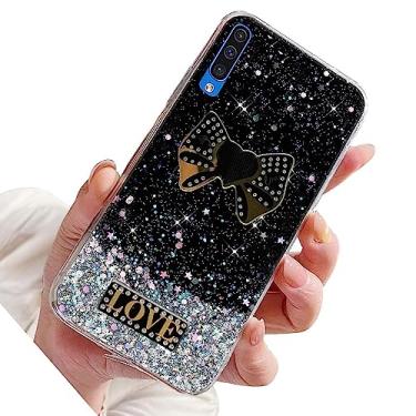 Imagem de Rnrieyta Capa Miagon com glitter para Huawei P30, capa protetora de silicone macia e fina com estrela brilhante para meninas e mulheres, coração com nó de laço preto