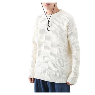 Imagem de Suéter masculino Jacquard tricotado camada base cor sólida suéter fino gola redonda borda canelada pulôver base, Branco, 3G