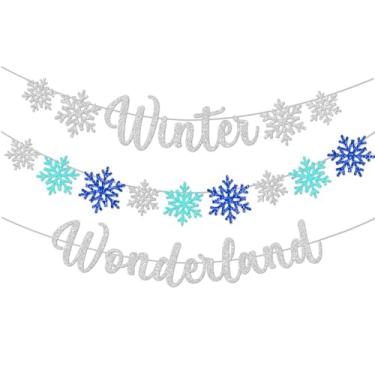 Imagem de 3 peças de faixa de floco de neve inverno país das maravilhas prata e azul brilhante decorações de Natal banners de inverno guirlanda de férias de inverno adereços de foto para festa de 1º
