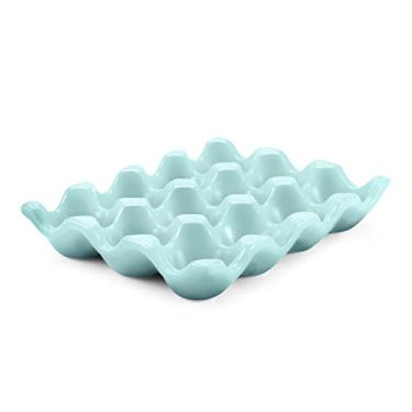 Imagem de Flexzion Bandeja para ovos de cerâmica com 12 xícaras – uma dúzia inteira de porta-ovos de porcelana organizador de armazenamento decorativo para servir utensílios de servir para geladeira, bancada,
