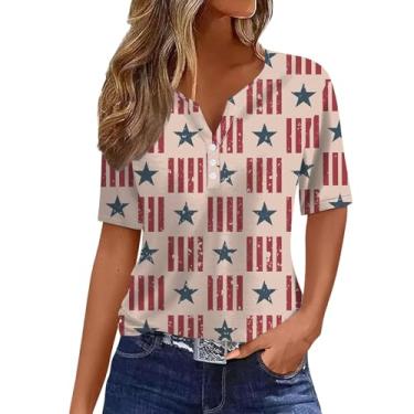 Imagem de Camiseta feminina bandeira americana com estampa de listras de estrelas dos EUA 2024 túnica de verão com botão e gola V, blusas de manga curta, Bege, XXG