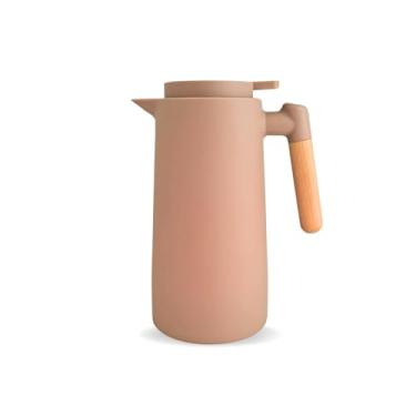 Imagem de Garrafa Térmica Café Chá Leite Quente e Frio 1 Litro Cor Nude/Rose Cabo Madeira Detalhe Premium Luxo Anti Vazamento Botão para Servir Interior de Vidro