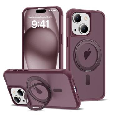 Imagem de XIQI Capa de telefone projetada para iPhone 15 Plus de 6,7 polegadas com suporte magnético giratório 360 e capa traseira translúcida [compatível com Mag-Safe] para homens Wowen, vermelho vinho